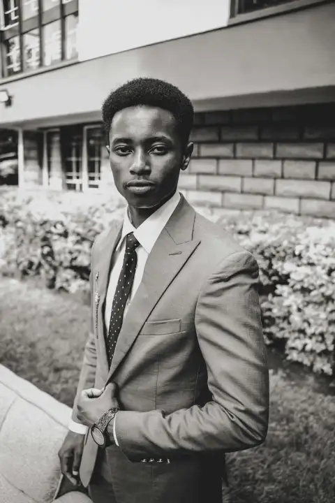 A young professional in a suit outside an office building